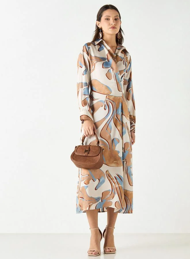 Iconic Iconic All-Over Print Collared Dress with Long Sleeves