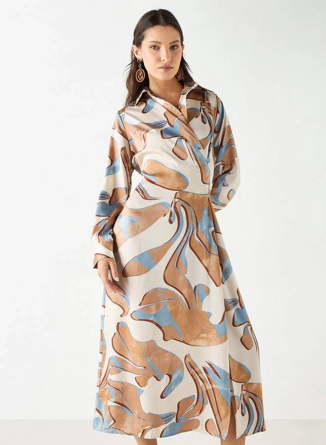 Iconic Iconic All-Over Print Collared Dress with Long Sleeves