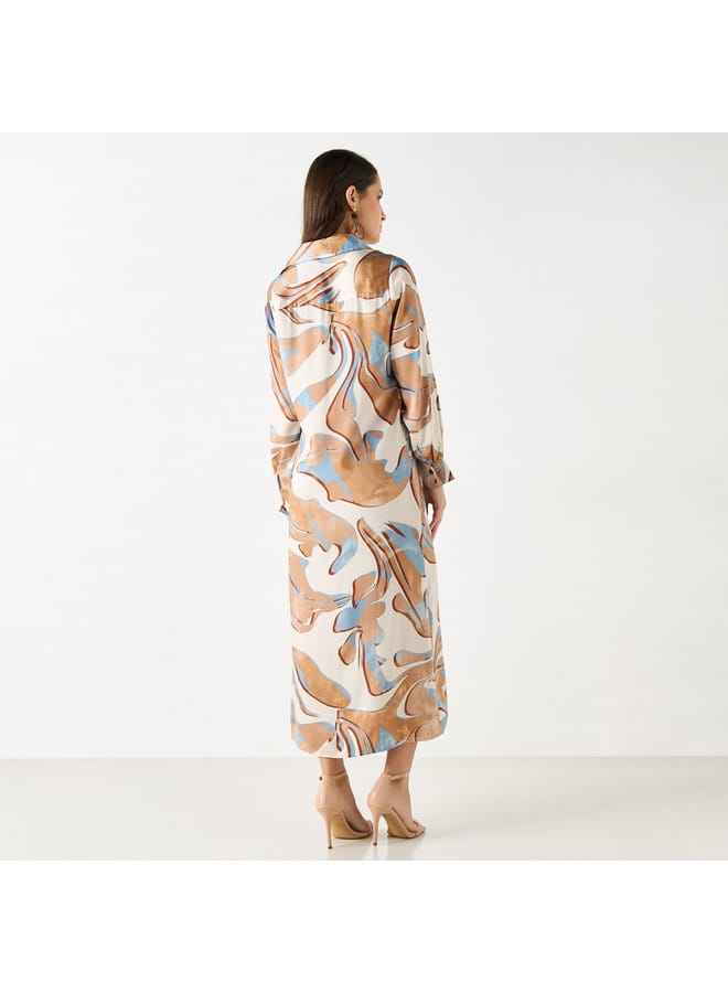 Iconic Iconic All-Over Print Collared Dress with Long Sleeves - Image 3