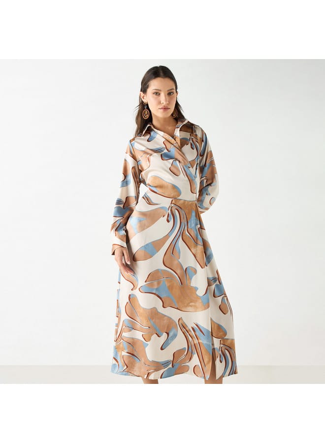 Iconic Iconic All-Over Print Collared Dress with Long Sleeves - Image 1