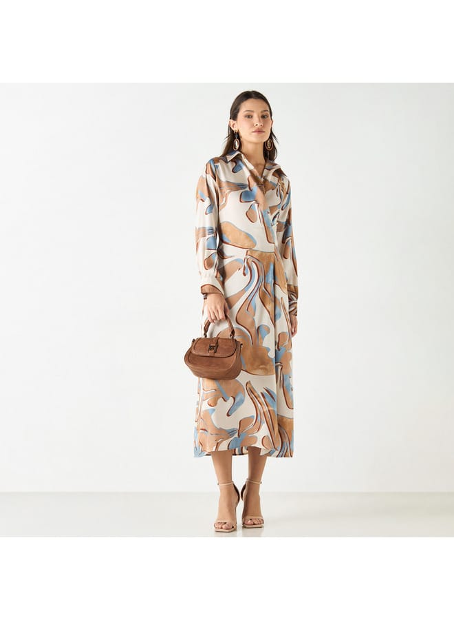 Iconic Iconic All-Over Print Collared Dress with Long Sleeves - Image 2