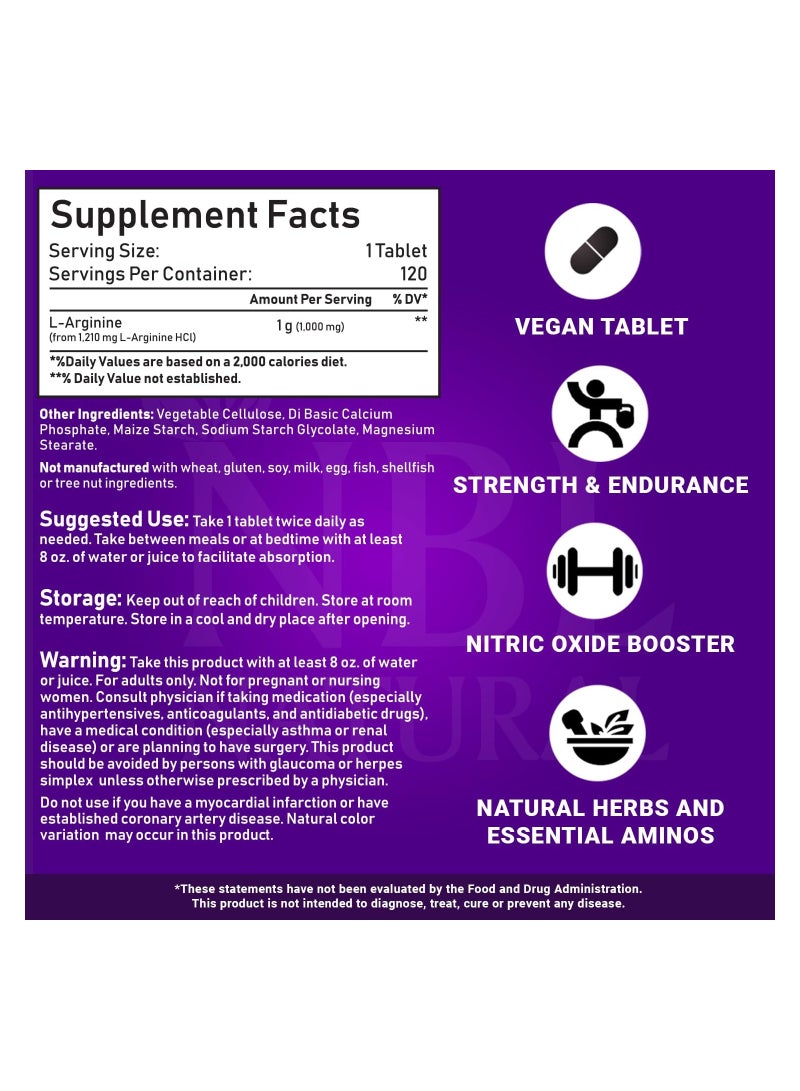 NBL Natural, L-Arginine 1,000 mg, Nitric Oxide Precursor, Amino Acid, 120 Tablets