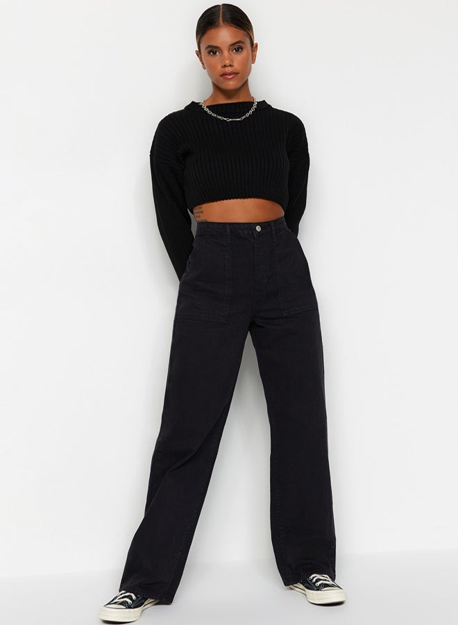 trendyol Black Pocket Detailed High Waist Wide Leg Jeans - Image 3