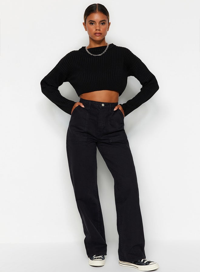 trendyol Black Pocket Detailed High Waist Wide Leg Jeans - Image 1