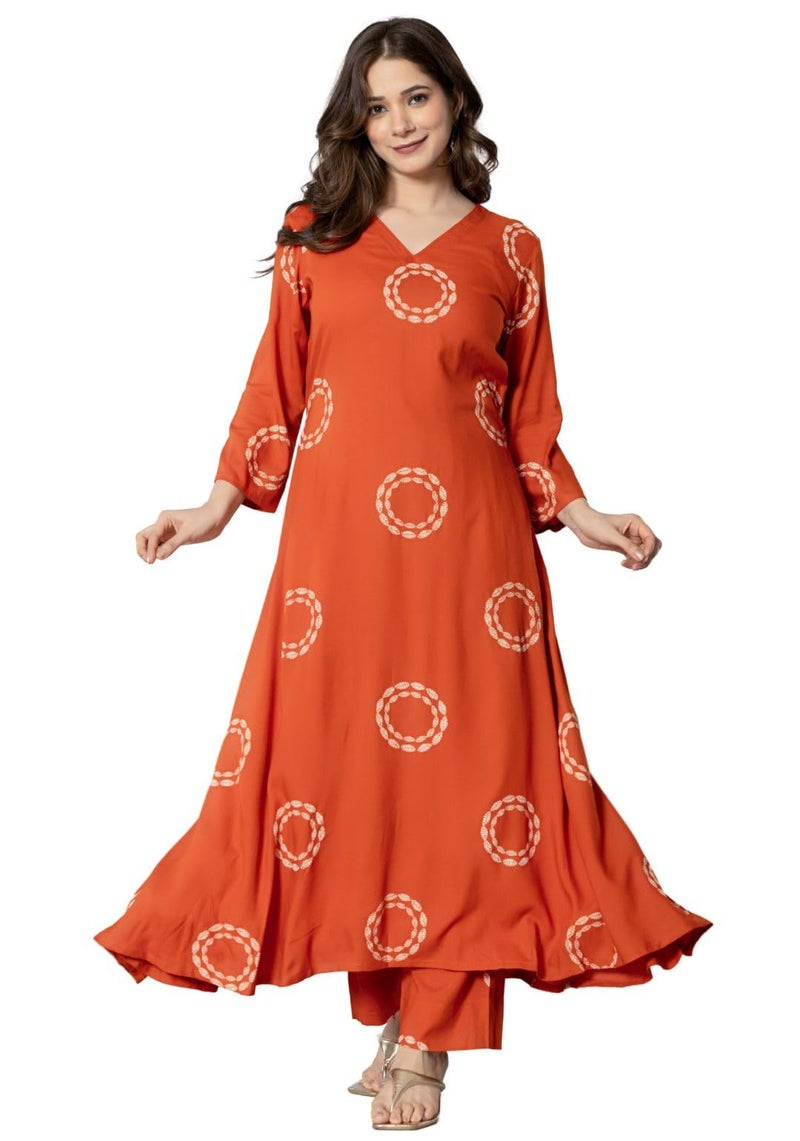 rytras Women's Pure Cotton Printed Kurta Set with Palazzo Pants - Ethnic Wear, Orange(RYT591,S) - Image 1
