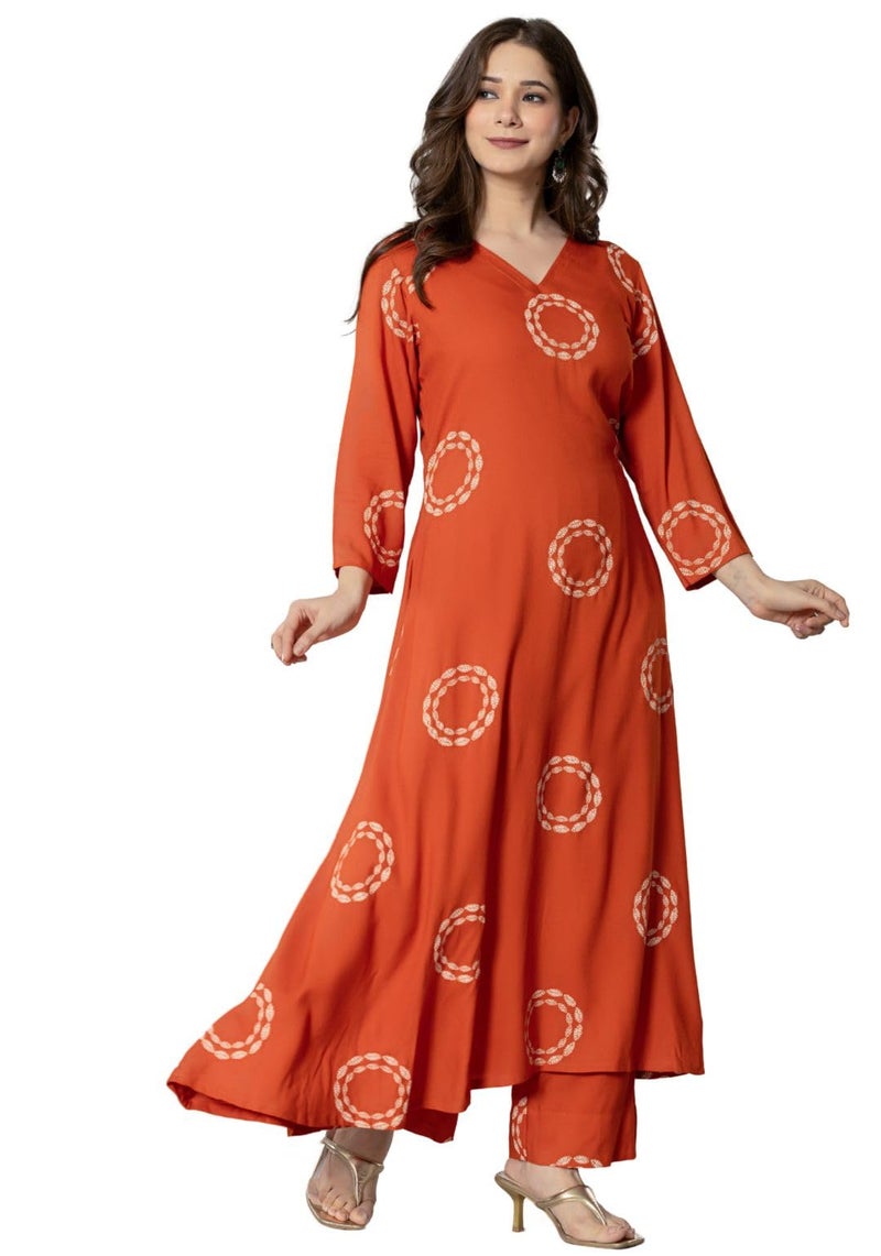 rytras Women's Pure Cotton Printed Kurta Set with Palazzo Pants - Ethnic Wear, Orange(RYT591,S) - Image 3
