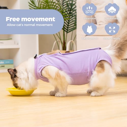 Avont Cat Recovery Suit Female Kitten After Spay Surgery Breathable Modal Cotton Cat Onesie for Wound Skin Disease Care Machine Washable PurpleL - Image 3