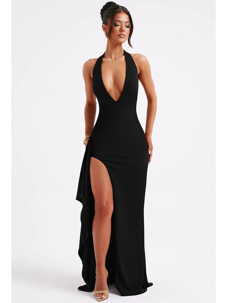 LAGSHIAN Women's Sexy Deep V Neck Halter High Split Backless Cocktail Party Formal Maxi Dress Black - Image 4