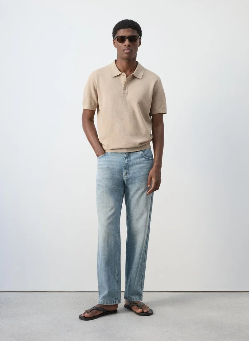 Mango Man 08-BEIGE Fine-Knit Cotton Polo Shirt for Men | Best Price UAE