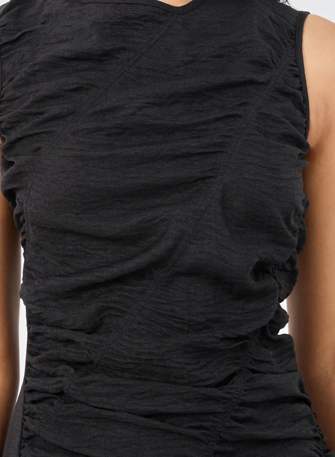 Take Two Take Two Solid Sleeveless Gathered Detail Asymmetric Hem Midi Dress