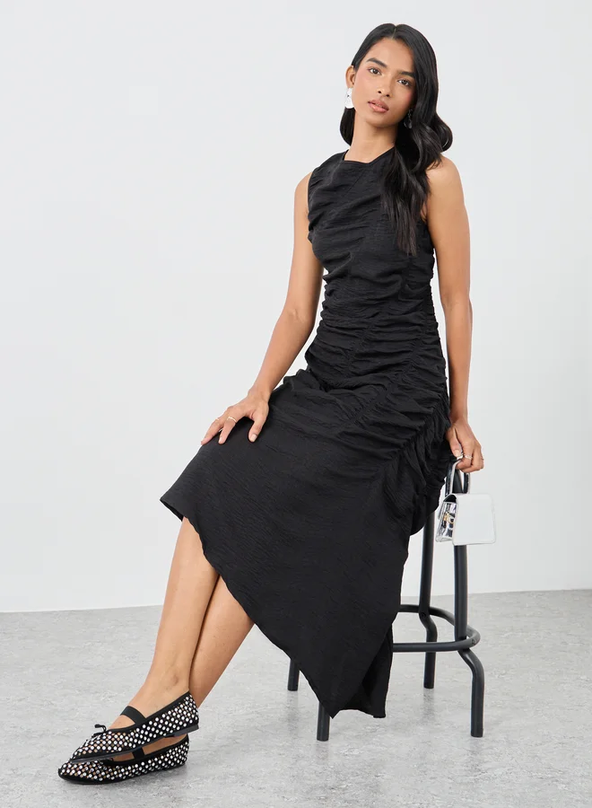 Take Two Take Two Solid Sleeveless Gathered Detail Asymmetric Hem Midi Dress