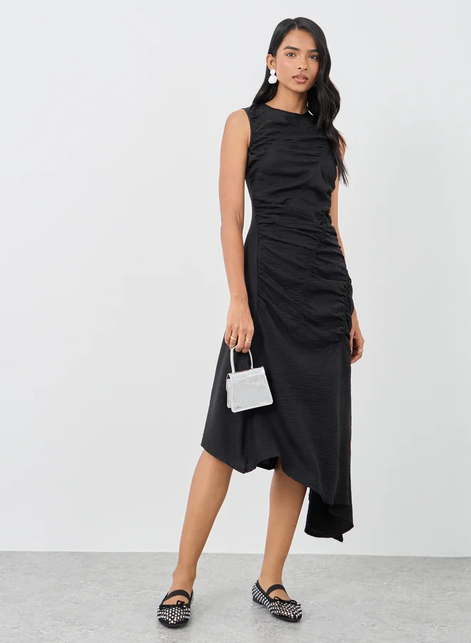 Take Two Take Two Solid Sleeveless Gathered Detail Asymmetric Hem Midi Dress