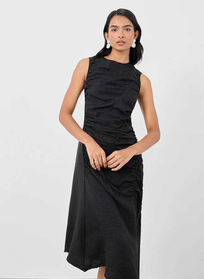Take Two Take Two Solid Sleeveless Gathered Detail Asymmetric Hem Midi Dress
