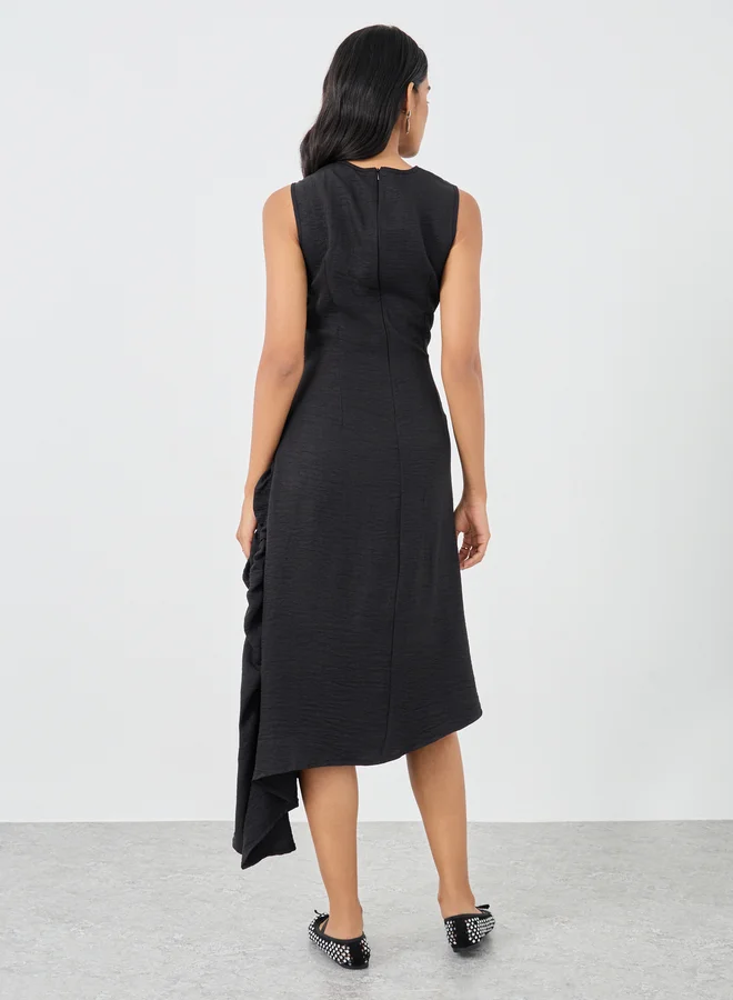 Take Two Take Two Solid Sleeveless Gathered Detail Asymmetric Hem Midi Dress