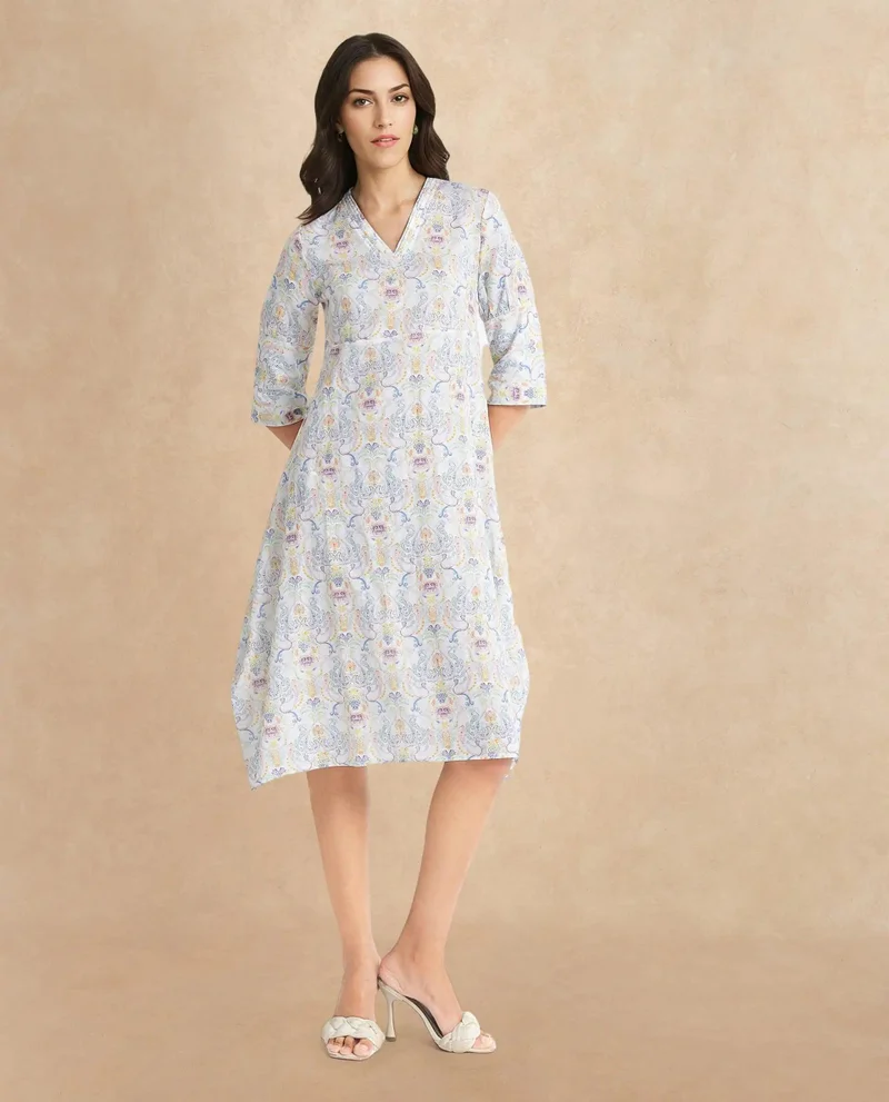 Rareism Women's Abstract Print V-Neck A-Line Midi Dress