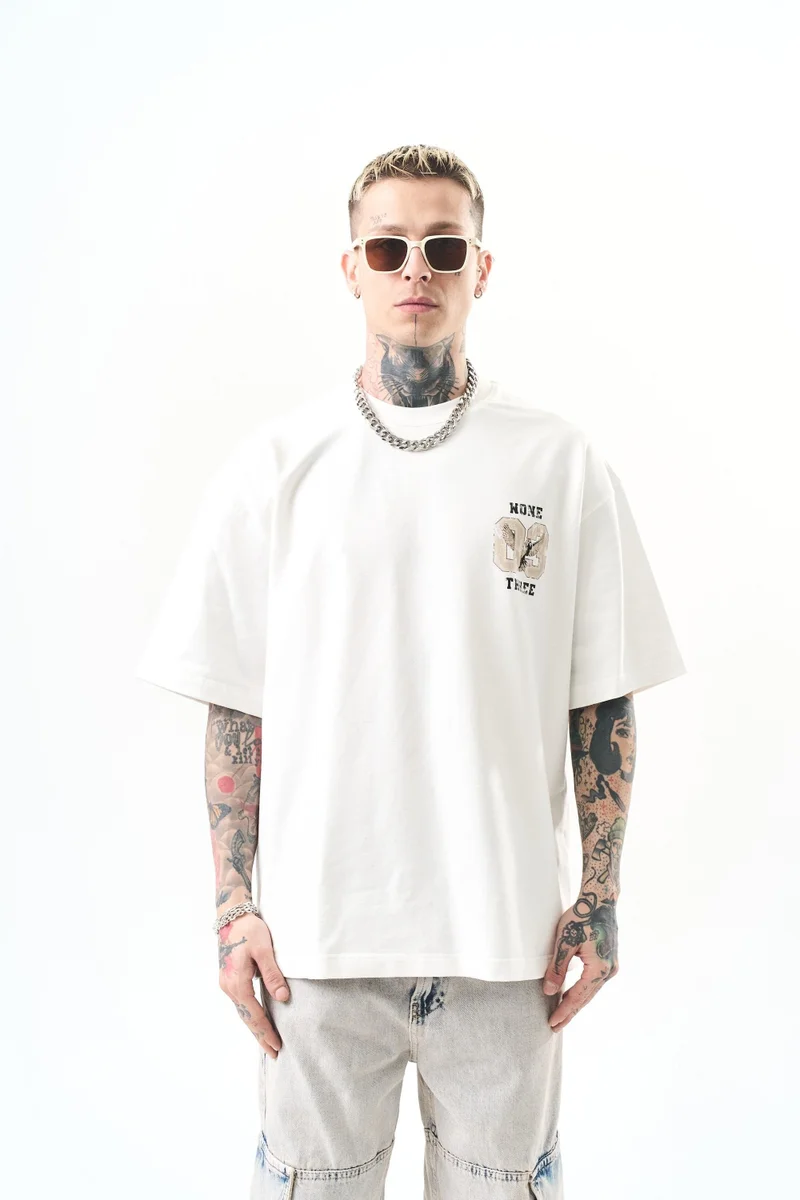 RESPIRE Men's None Three Print Oversize T-Shirt, Ecru