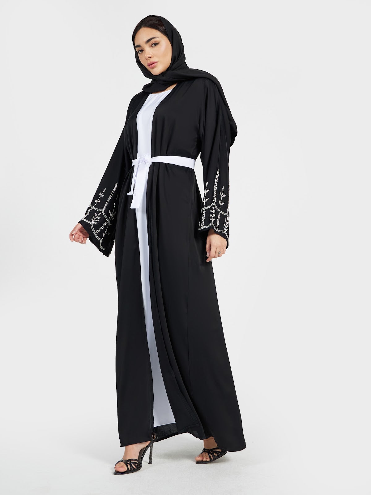 Classic Black Open Abaya with White Waist Belt & Sleeve Detail