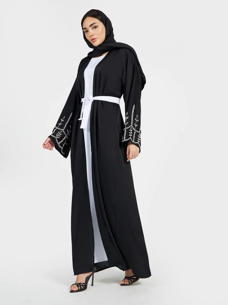 Reem Abayas Classic Black Open Abaya with White Waist Belt & Sleeve Detail