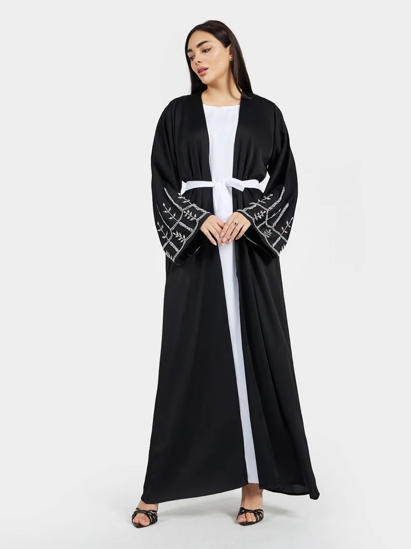Reem Abayas Classic Black Open Abaya with White Waist Belt & Sleeve Detail