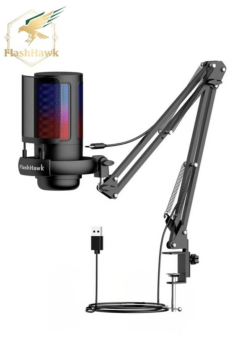 Gaming PC USB Microphone,Podcast Condenser Mic with Boom Arm,Pop Filter,Mute Button for Streaming,Online Chat, RGB Computer Mic for PS4/5 PC Gamer Youtuber