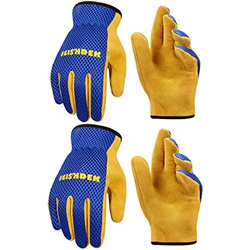 FEISHDEK Kids Leather Gardening Gloves, Toddler Work Gloves, Breathable Design Perfect for Children Gardening Age 2-12 (Blue 2 Pairs, Small (Age 2-4)) - Image 1