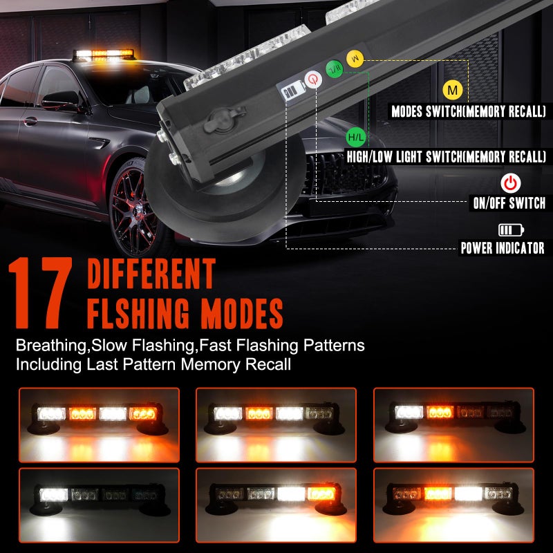 Generic OPPBUY 14.2'' Amber White Wireless LED Rooftop Strobe Beacon Light Bar Rechargeable LED Emergency Hazard Warning Lights with Magnetic Base,17 Flashing Modes Strobe Light Bar for 12/24V Car,Truck  - Image 2