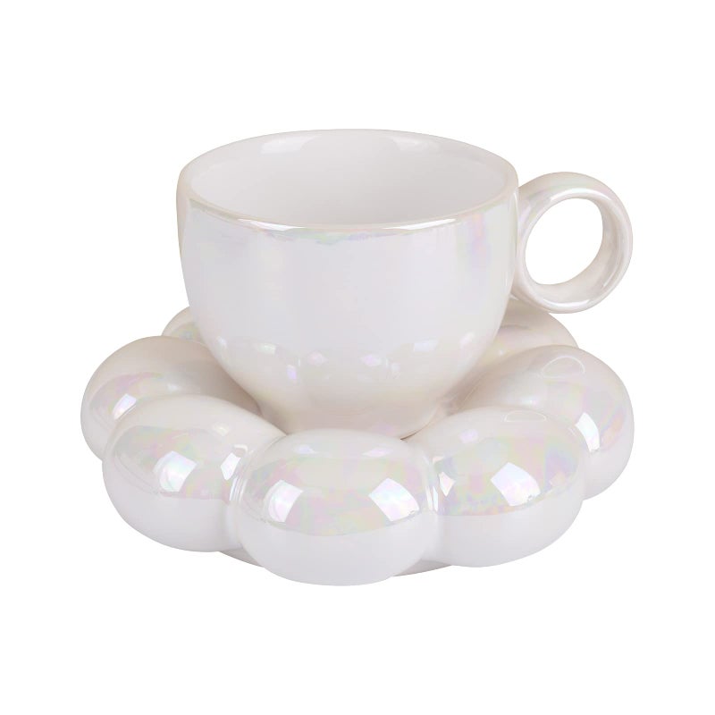 Koythin Ceramic Coffee Mug with Saucer Set, Creative Cute Cup with Sunflower Coaster for Office and Home, 6.5 oz/200 ml for Tea Latte Milk (Pearl White) - Image 3