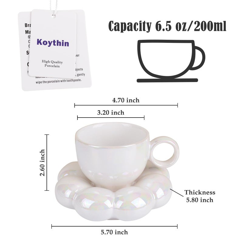 Koythin Ceramic Coffee Mug with Saucer Set, Creative Cute Cup with Sunflower Coaster for Office and Home, 6.5 oz/200 ml for Tea Latte Milk (Pearl White) - Image 2