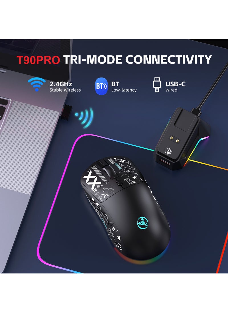 HXSJ T90 Ultralight Wireless Gaming Mouse with Magnetic RGB Charging Dock, BT/2.4Ghz/Wired Tri Modes, 800-12000 5 Level DPI, Computer Mouse for PC Mac Gamer(Black) - Image 4
