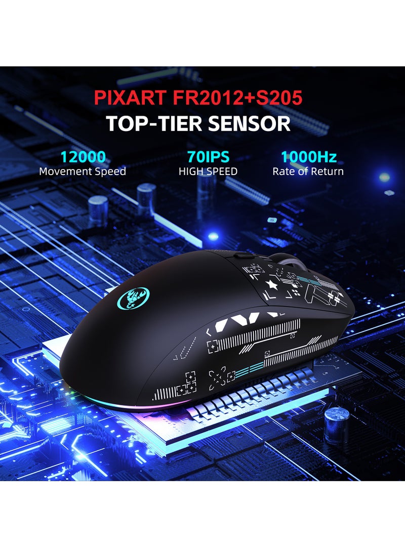 HXSJ T90 Ultralight Wireless Gaming Mouse with Magnetic RGB Charging Dock, BT/2.4Ghz/Wired Tri Modes, 800-12000 5 Level DPI, Computer Mouse for PC Mac Gamer(Black) - Image 3