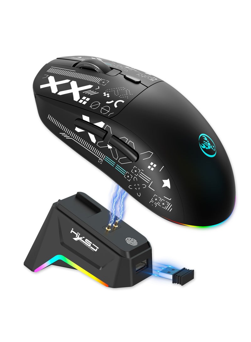 HXSJ T90 Ultralight Wireless Gaming Mouse with Magnetic RGB Charging Dock, BT/2.4Ghz/Wired Tri Modes, 800-12000 5 Level DPI, Computer Mouse for PC Mac Gamer(Black) - Image 1