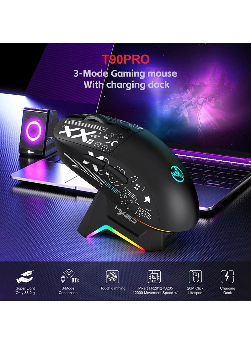 HXSJ T90 Ultralight Wireless Gaming Mouse with Magnetic RGB Charging Dock, BT/2.4Ghz/Wired Tri Modes, 800-12000 5 Level DPI, Computer Mouse for PC Mac Gamer(Black) - Image 2
