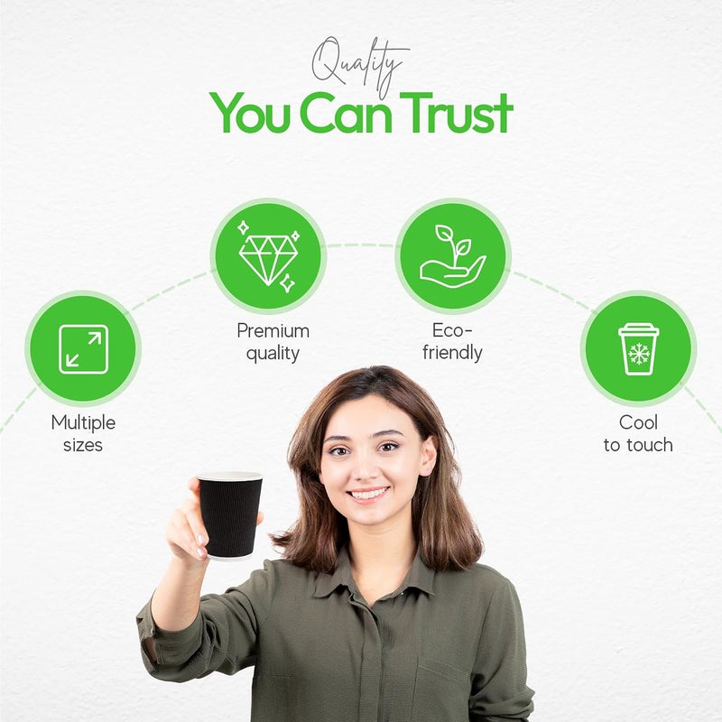 Restaurantware 500-CT Disposable Black 12-OZ Hot Beverage Cups with Ripple Wall Design: No Need for Sleeves - Perfect for Cafes - Eco-Friendly Recyclable Paper - Insulated - Wholesale Takeout Coffee Cup - Image 4