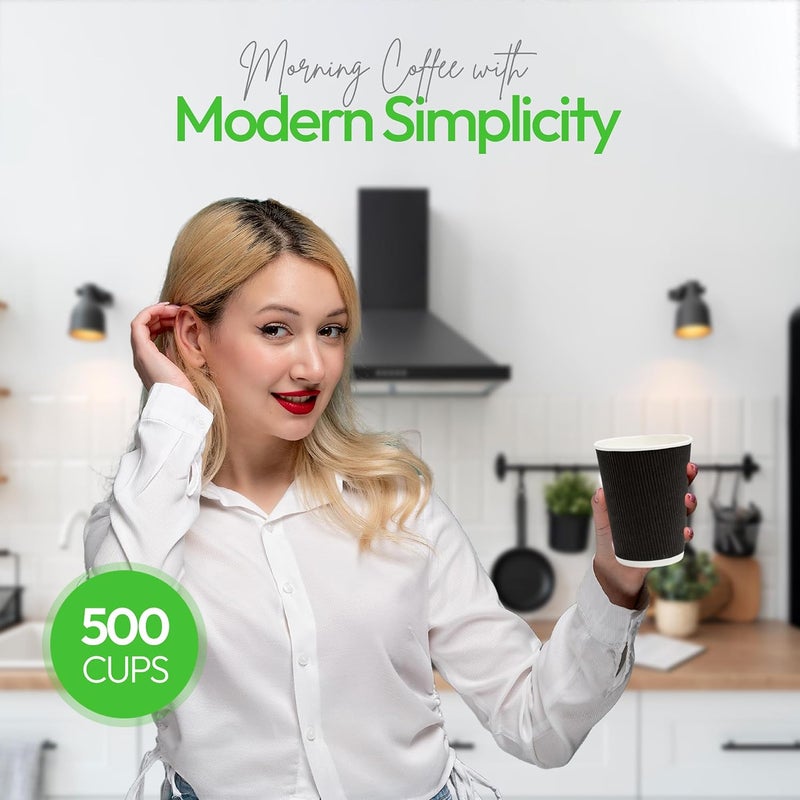 Restaurantware 500-CT Disposable Black 12-OZ Hot Beverage Cups with Ripple Wall Design: No Need for Sleeves - Perfect for Cafes - Eco-Friendly Recyclable Paper - Insulated - Wholesale Takeout Coffee Cup - Image 5