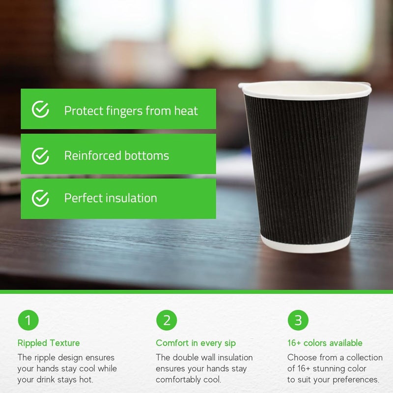 Restaurantware 500-CT Disposable Black 12-OZ Hot Beverage Cups with Ripple Wall Design: No Need for Sleeves - Perfect for Cafes - Eco-Friendly Recyclable Paper - Insulated - Wholesale Takeout Coffee Cup - Image 2