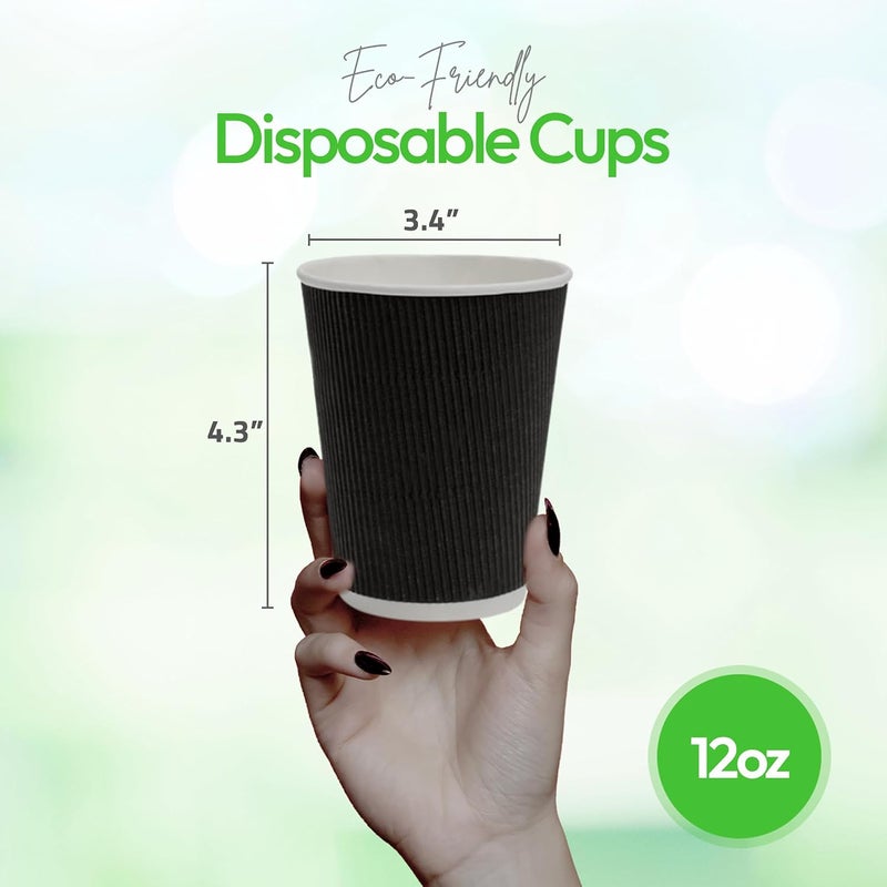 Restaurantware 500-CT Disposable Black 12-OZ Hot Beverage Cups with Ripple Wall Design: No Need for Sleeves - Perfect for Cafes - Eco-Friendly Recyclable Paper - Insulated - Wholesale Takeout Coffee Cup - Image 3