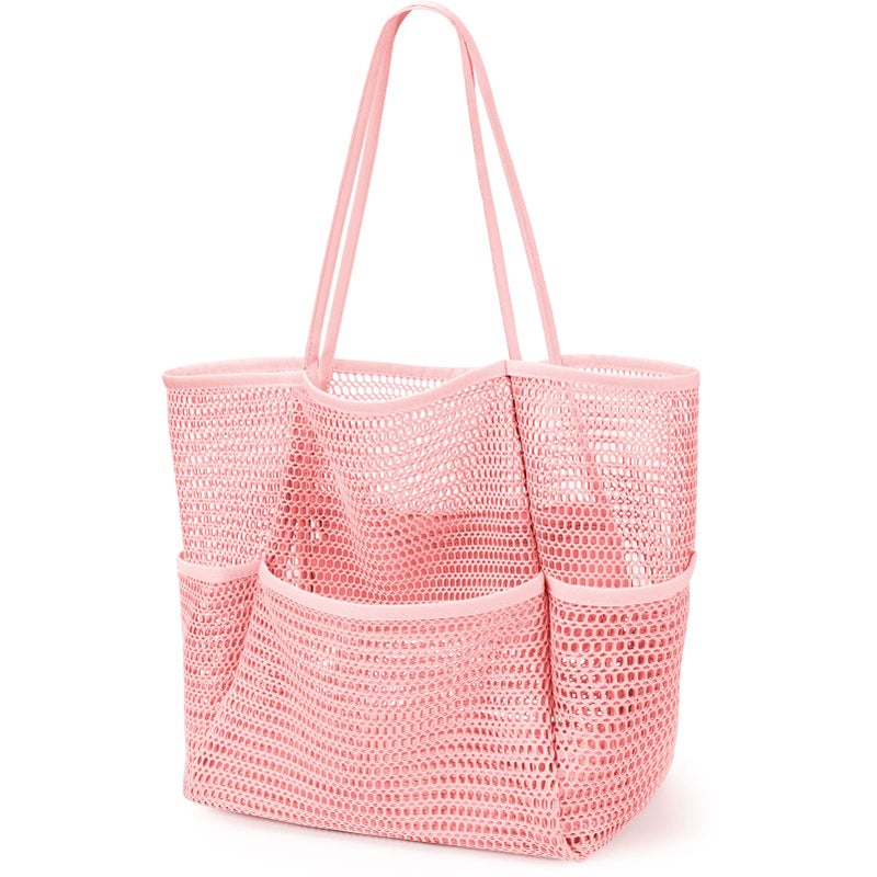 KPX Mesh Beach Bag, Tote Bag for Women Large Foldable Mesh Swimming Bag with Pockets - Sandproof, Waterproof (Pink-Style2) - Image 1