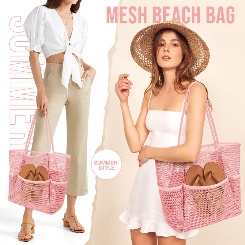 KPX Mesh Beach Bag, Tote Bag for Women Large Foldable Mesh Swimming Bag with Pockets - Sandproof, Waterproof (Pink-Style2) - Image 3