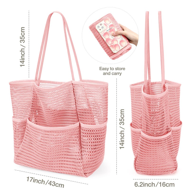 KPX Mesh Beach Bag, Tote Bag for Women Large Foldable Mesh Swimming Bag with Pockets - Sandproof, Waterproof (Pink-Style2) - Image 2