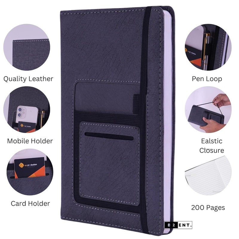Present Mart Leather Hard Bound Notebook A5 Journal Diary For Office Use With Mobile & Card Holder Or Pen Loop Dairy For Personal |Ruled Pages With Strap Bookmark Journal Notebook (B92) 200 Pages - Image 2