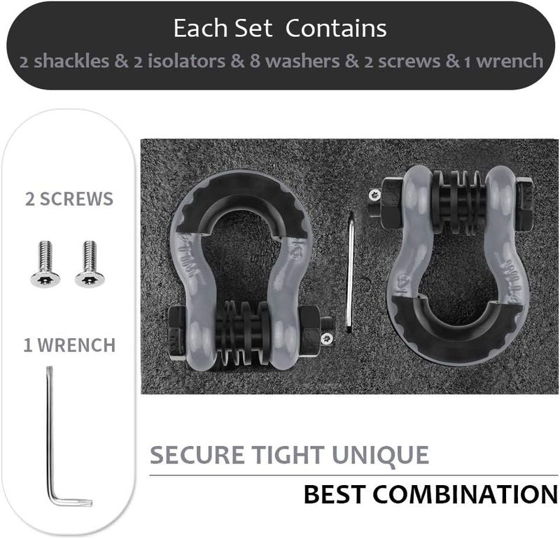 AMBULL Shackles 3/4" D Ring Shackle (2 Pack) 45,0000lb Break Strength with 7/8" Pin, Anti Theft Security Screws, Isolator & Washer Kits for Use with Tow Strap Winch Truck Vehicle Recovery, Grey - Image 4