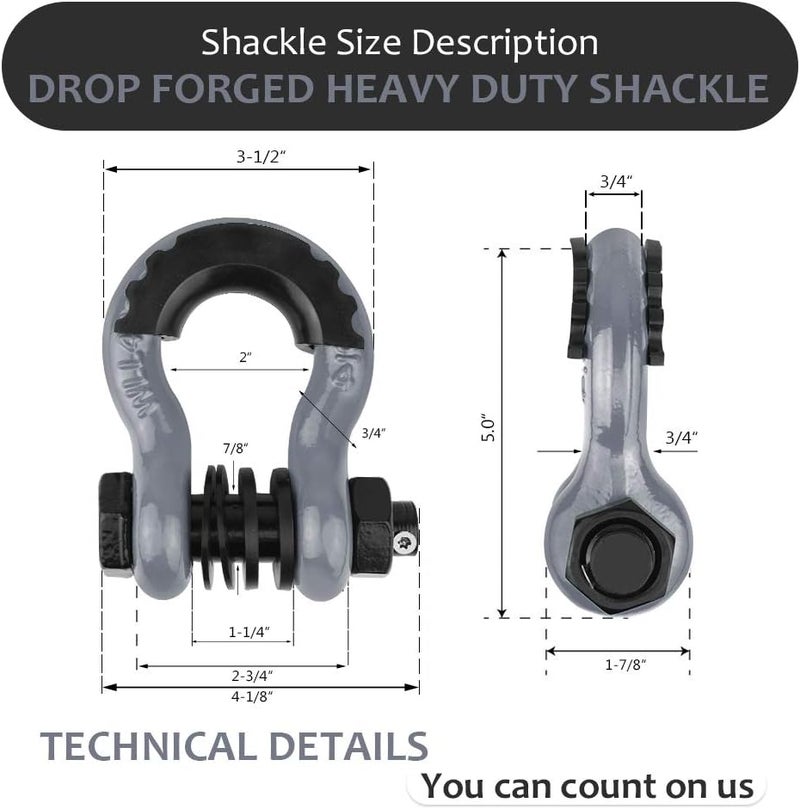 AMBULL Shackles 3/4" D Ring Shackle (2 Pack) 45,0000lb Break Strength with 7/8" Pin, Anti Theft Security Screws, Isolator & Washer Kits for Use with Tow Strap Winch Truck Vehicle Recovery, Grey - Image 3