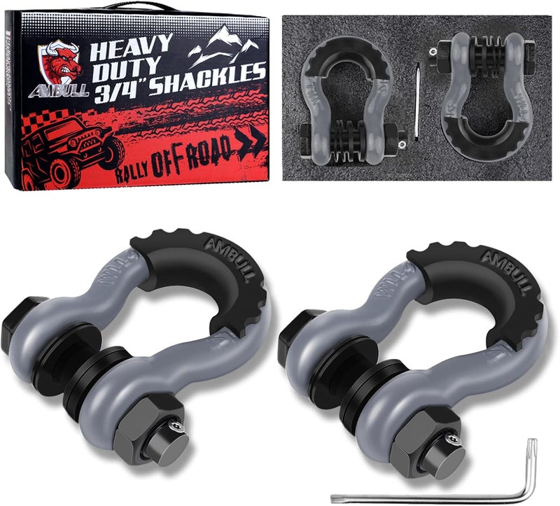 AMBULL Shackles 3/4" D Ring Shackle (2 Pack) 45,0000lb Break Strength with 7/8" Pin, Anti Theft Security Screws, Isolator & Washer Kits for Use with Tow Strap Winch Truck Vehicle Recovery, Grey - Image 1