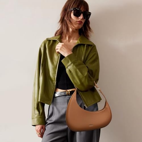 Keyli Shoulder Bag Polene Bags for Women Fashionable Casual Vegan Leather Zip Top-Handle Handbags Quilted Crescent Hobo Purse Brown - Image 2
