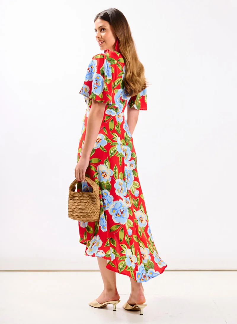 Needs No Label  Red Oversize Floral Ruche Midi Dress for Women | Best Price UAE