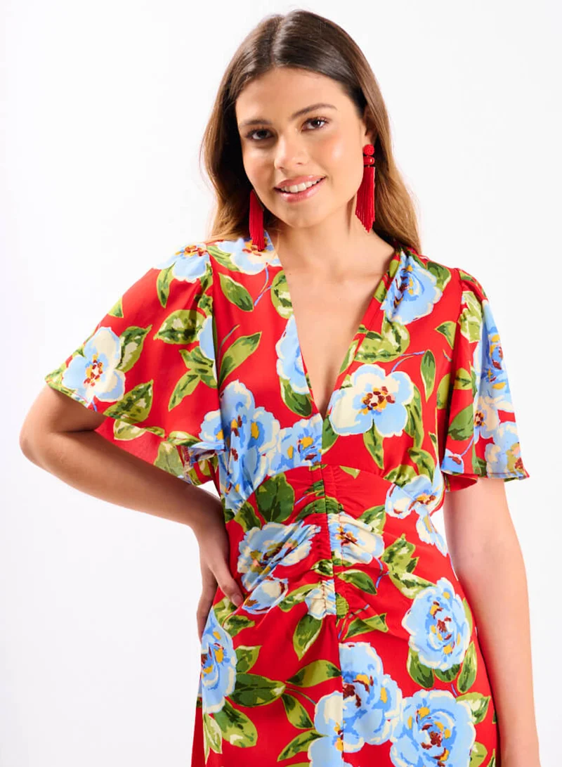 Needs No Label  Red Oversize Floral Ruche Midi Dress for Women | Best Price UAE