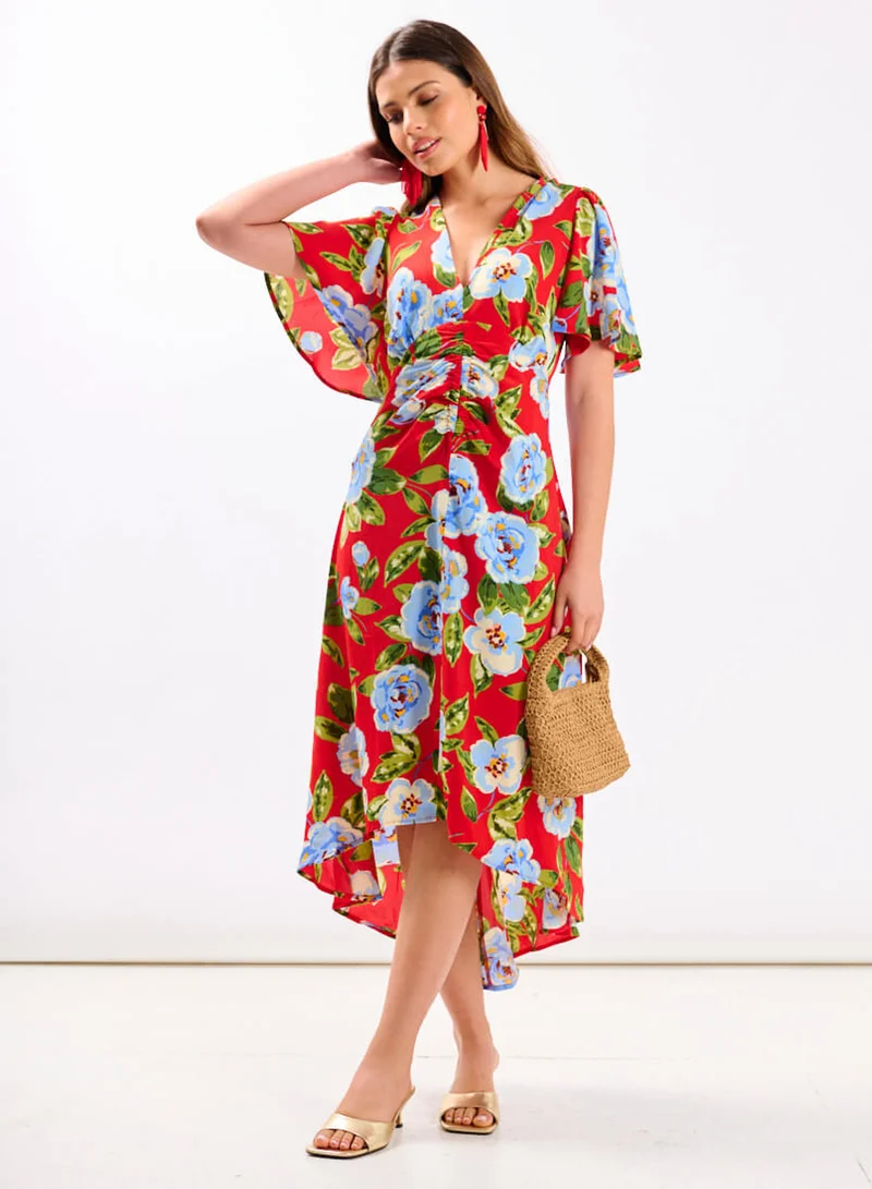 Red Oversize Floral Ruche Midi Dress