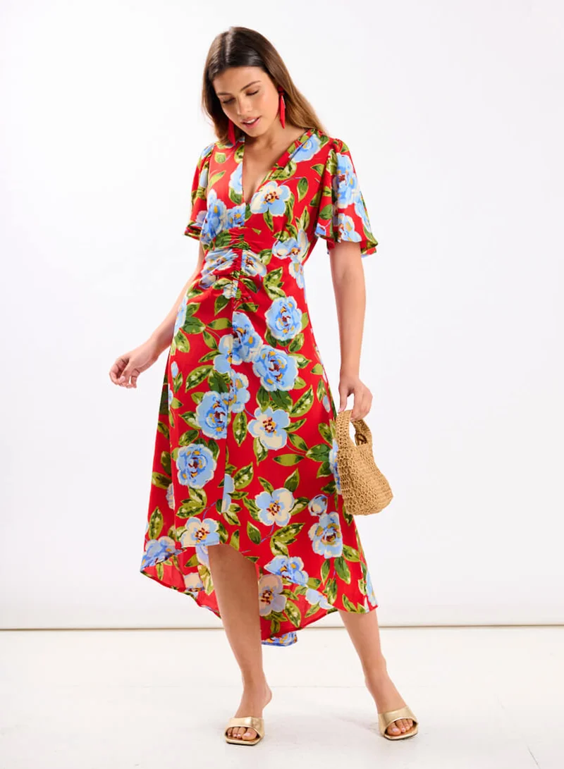 Needs No Label  Red Oversize Floral Ruche Midi Dress for Women | Best Price UAE