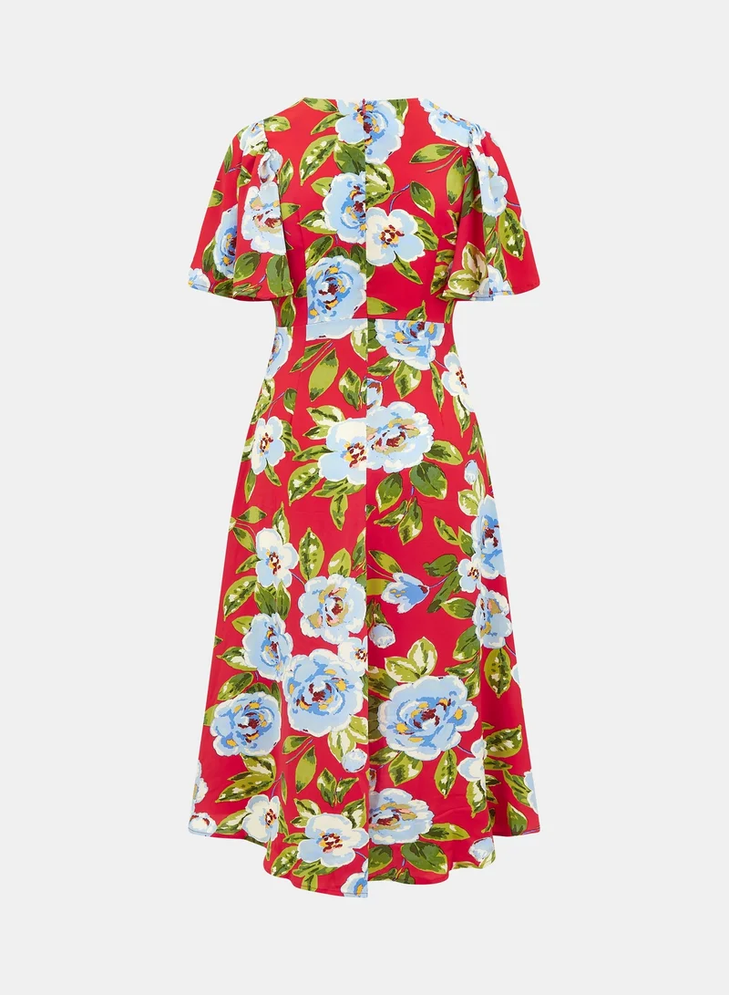 Needs No Label  Red Oversize Floral Ruche Midi Dress for Women | Best Price UAE