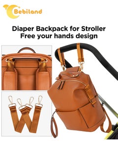 Bebiland 5-in-1 PU Leather Diaper Bag Backpack with Changing Pad, Cosmetic Bag and 2 Stroller Straps, Large Capacity, Waterproof, Stylish Travel Baby Bag for Mom (Brown)  - Image 2